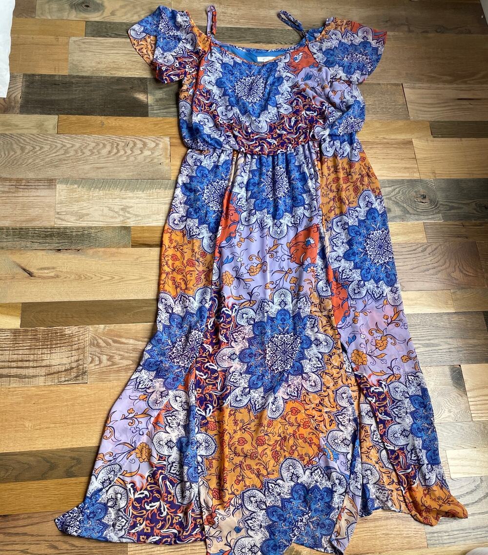 London Times 14W Maxi Dress Blue Orange Floral Cold Shoulder Plus Size